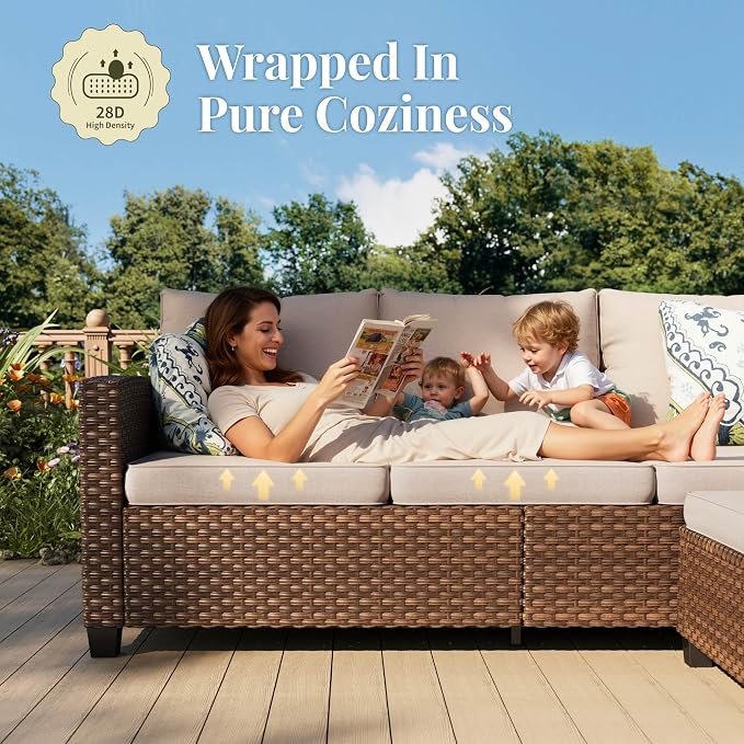 MIXPATIO Patio Furniture Set, 7 Pcs Wicker Outdoor Conversation Set, 2 x Leg Chairs, 1 x 3 Seater Sofa, 1 x 2-Seat Lover Sofa and 2 x Ottomans with 4" Thick Cushion and 56" Fire Pit Table, Beige