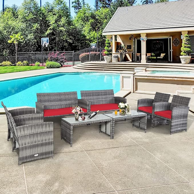 Outdoor Conversation Set, 8 Pieces Wicker Patio Chair Set with Ergonomic Curved Design, Water-Resistant Cushion & Tempered Glass Table for Porch, Poolside (Red)