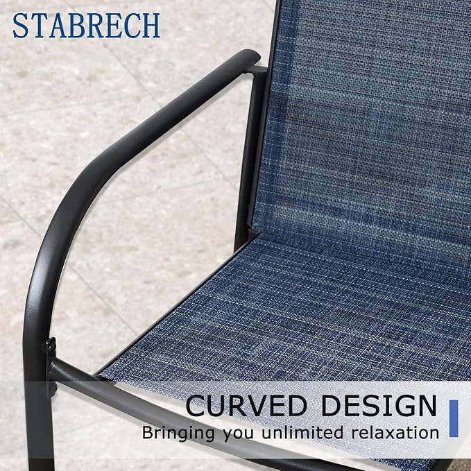 9 Pieces Patio Dining Set for 8, Dark Blue Patio Stackable Chairs and Black Round Table Set of 8, Outdoor Furniture Set with Sling Support for Outside, Garden