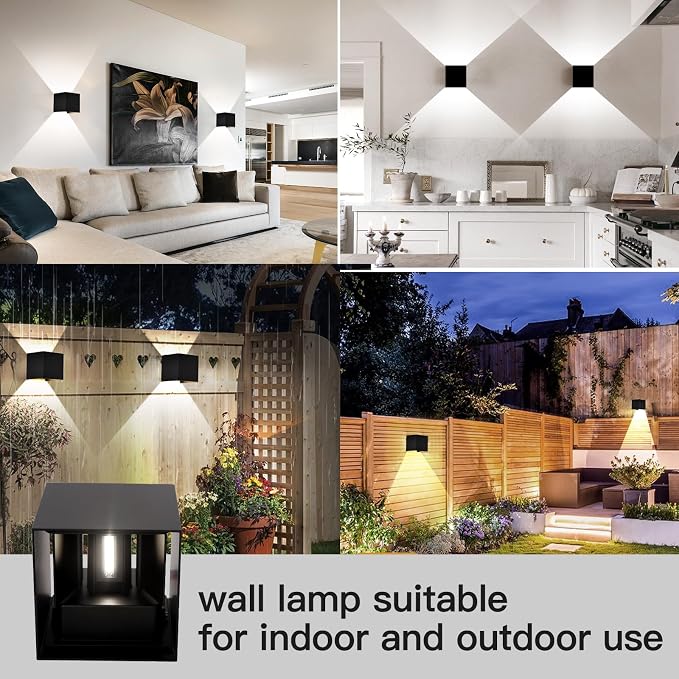 Mille Lucciole 12W 2Pack Outdoor Wall Lights Exterior/Interior,LED Black Outdoor Wall Sconces Light Fixtures Modern,IP65 Waterproof Square Aluminum Wall Lamps, Up and Down Lights 3000K Warm Lights