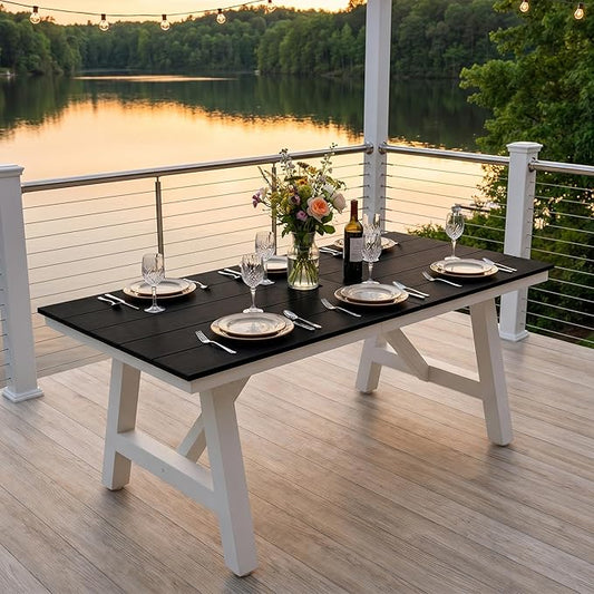 Costaelm Outdoor Dining Tables for Patio, 72" Rectangle 6-Person HDPE Dining Table with Umbrella Hole and Metal Frame for Outside, Garden, Poolside, Backyard, Porch, Balcony, Black