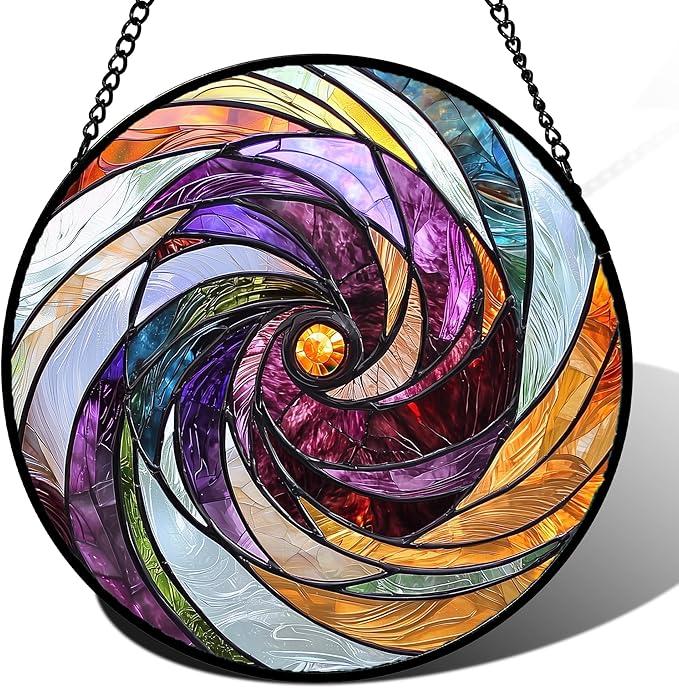 DASTOLL Stained Glass Window Hanging, Colorful Abstract Spiral Pattern Suncatcher for Doors Window Home Sun Catchers Decoration Mother's Day Birthday Gifts for Women, Men, and Mom 7.8 in