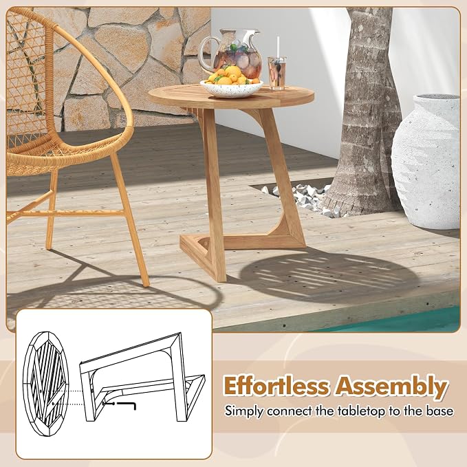 Giantex Teak Wood Outdoor Side Table Set of 2, Round Patio End Table with Slatted Tabletop, Waterproof Sofa and Couch Side Table for Porch, Poolside, Living Room, Small Spaces, Easy Assembly, Natural