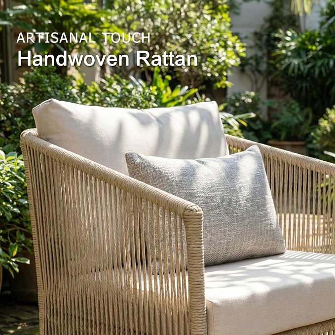 SUNSITT 3-Piece Patio Furniture Set, Outdoor Swivel Chairs with Wood Top Coffee Table, Modern Open Weave Wicker Patio Set for Balcony, Porch, Backyard, Deck, Natural Color