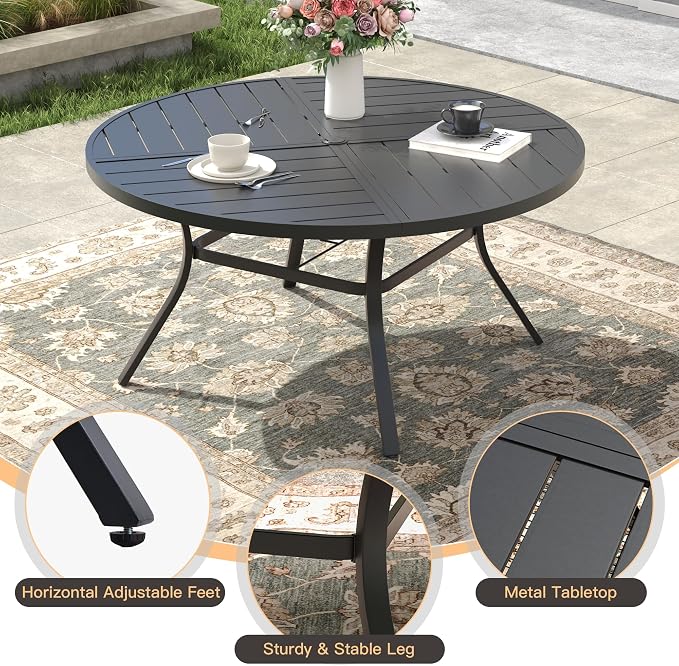 50" Outdoor Dining Table with Adjustable Umbrella Hole, Metal Slatted Round Patio Dining Table for Backyard Garden Deck, Black