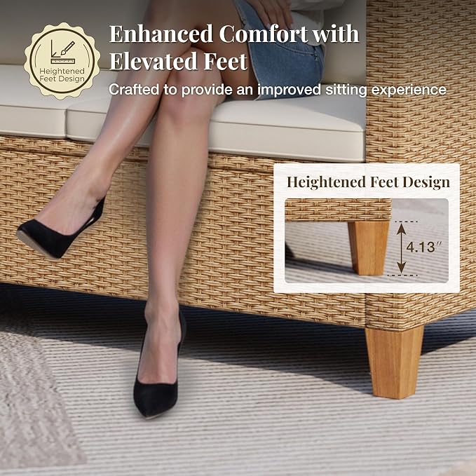 MIXPATIO Wicker Outdoor Patio Furniture Set 3 Pieces Patio Chaise Longue Conversation Set, Rattan L-Shaped Sofa Couch with Acacia Wood Coffee Table for Deck Porch and Garden