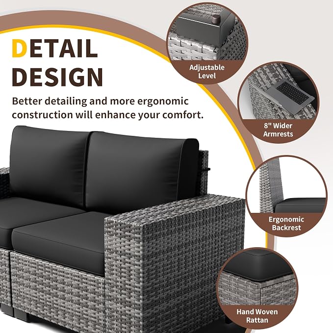 Outdoor Patio Furniture Set with Fire Pit Table, Wide Outdoor Sectional Rattan Sofa Set, Wicker Patio Conversation Set w/Cover for Deck, Poolside, Porch, 7 PC (Grey & Black)