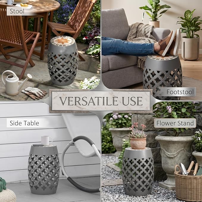 Ceramic Mosaic Outdoor Side Table, 12" Round Garden Stool Hollow Drum Accent End Table, All-Weather Metal Plant Stand Footstool for Patio, Balcony, Living Room, No Assembly
