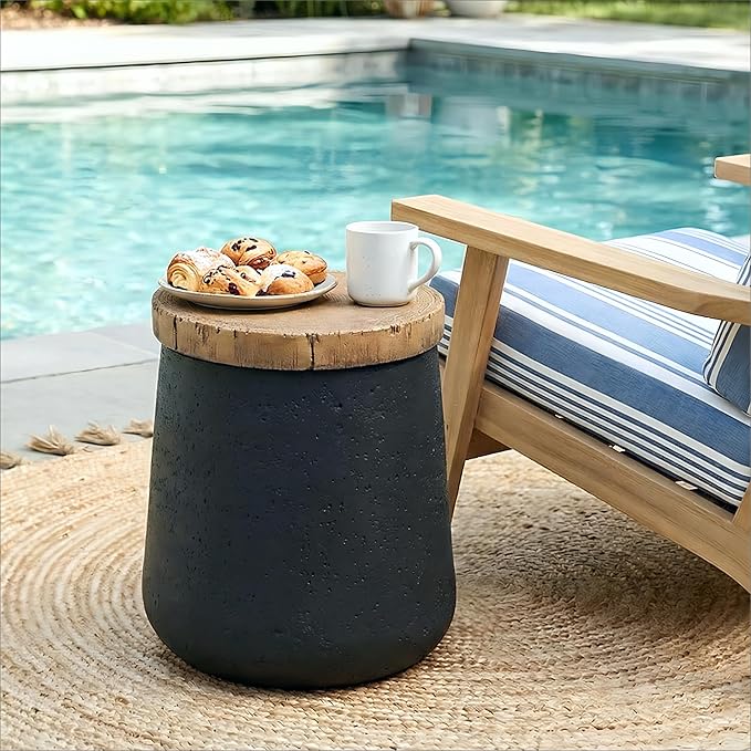 HOMPUS Outdoor Concrete Side Table, Modern Cylinder Pedestal End Table, Home Decor Small Accent Table w Wood Grain Top, Multi-Functional Round MgO Coffee Table, Round Planter Stand for Garden, Black