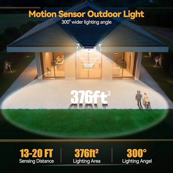 TECKNET 416 LED Solar Lights Outdoor Motion Sensor Waterproof 4200lm,2 Pack | IP66 Waterproof, 300°Wide Angle & 3 Modes Motion Sensor Solar Flood Wall Lights for Patio, Fence, Deck, Garage & Street