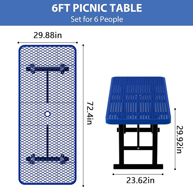 4FT Picnic Tables for Outdoors, Blue Rectangular Heavy Duty Commercial Picnic Table with Umbrella Hole, Weather-Resistant Camping Table Dining Table for Backyard, Patio, Garden, Shops, Parks