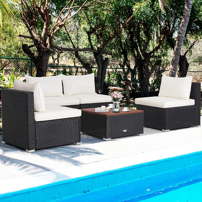 Tangkula 5 Piece Outdoor Patio Furniture Set, Patiojoy PE Wicker Conversation Set with Solid Acacia Wood Tabletop and Soft Cushions, Patio Sectional Sofa Furniture Set for Garden, Poolside (Off White)