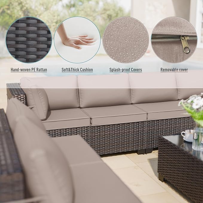 ALAULM 9 Pieces Patio Furniture Set Wicker Patio Conversation Set, Outdoor Sectional Furniture w/Coffee Table & Washable Seat Cushions-Sand