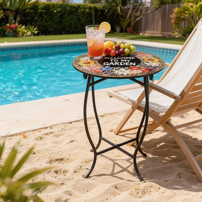 Outdoor Side Table, Versatile Round Small Table for Balcony Yard Porch Rocking Chair and Pool Chair, Weather Resistant Metal Patio Table for Indoor Outdoor Use