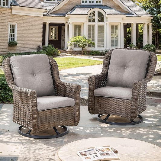 Patio Swivel Chairs Set of 2-High Back Swivel Rocker Outdoor Chair Patio Chair for Deck Porch Lawn Garden Backyard-Brown/Grey