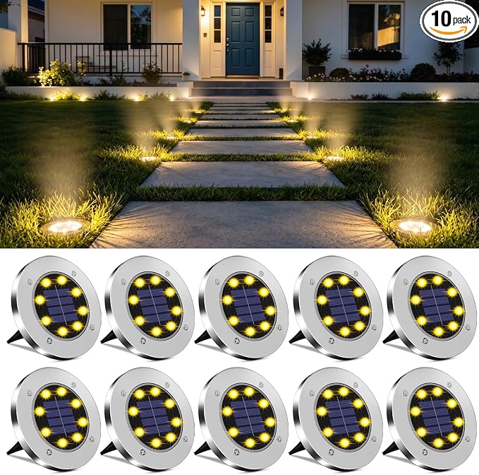 OULONGER 4.6inch Solar Ground Lights 10Packs, Garden Solar Outdoor Waterproof Pathway Bright In-Ground Landscape Lights for Patio, Lawn, Yard, Driveway, Step and Walkway(Warm Light)