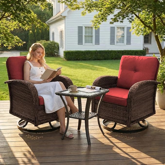 SHGJ&SOFT 3 Piece Patio Furniture Set, 2 Outdoor Swivel Rocking Chairs with Side Table, Wicker Glider Chairs, All-Weather Rattan Bistro Set for Porch, Deck, Pool (Red, Brown Full-Weave Rattan)