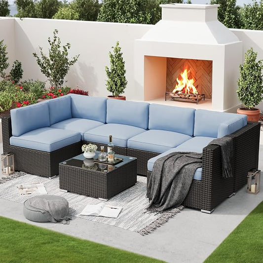 Betterland 7 Piece Outdoor Sectional Sofa Patio Furniture Set, All-Weather PE Rattan Wicker Patio Conversation Set with Washable Cushion and Glass Table(Haze Blue)