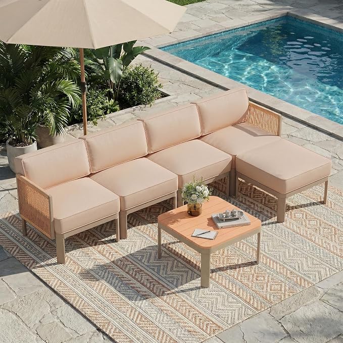 EROMMY 6 Pieces Patio Sectional Furniture Set, Metal Frame Outdoor Conversation Set with Ottoman, 6" Thick Cushions & Coffee Table, All-Weather Sectional Sofa for Poolside, Deck, Backyard, Beige