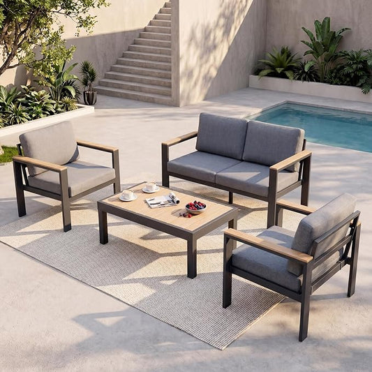 Outdoor Patio Furniture Set, 4-Piece Aluminum Conversation Set with Loveseat, 2 Chairs and Coffee Table, 5-Inch Water-Resistant Cushions for Backyard, Porch, Poolside,Gray