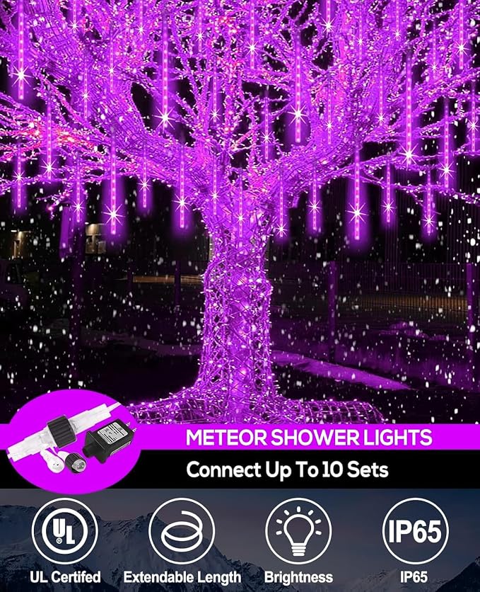 Christmas Lights 12 Inch 10 Tubes Meteor Shower Light LED Falling Rain Drop Lights Icicle Snow Cascading Xmas String Decor for Wedding Party Garden Decoration,Shine Purple