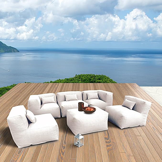 ANNYH CALALUNA 6Pc PATIO Furniture Sectional Conversation Set. Combines 3Middle, 2Corner, 1Ottoman/Coffee OUTDOOR Exp Foam Filled CHAIRS UNIQUE Modular Contemporary Sofa for Pool Garden (Light Beige)