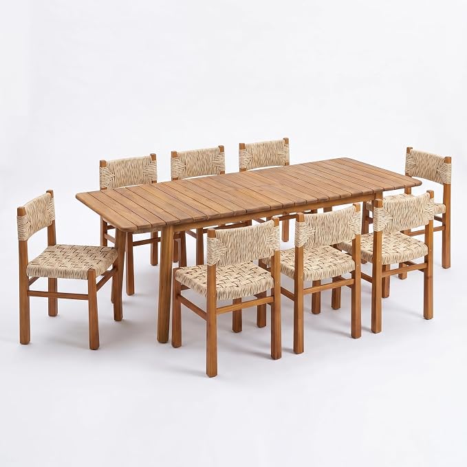 Christopher Knight Home Tanya 9 Piece Acacia Wood Outdoor Dining Table Set for 8, Extendable Dining Table and 8 Chairs with Wicker Seat & Backrest, Outdoor Patio Furniture Set, Light Grey + Teak