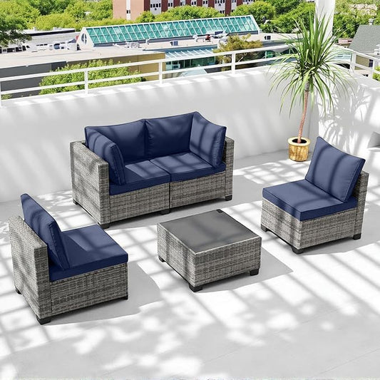 5-Piece Outdoor Patio Furniture Set, Gray PE Rattan Sectional Sofa with Navy Blue Cushions and Steel Frame, Coffee Table Included, Modular Outdoor Conversation Set for Patio Garden Poolside