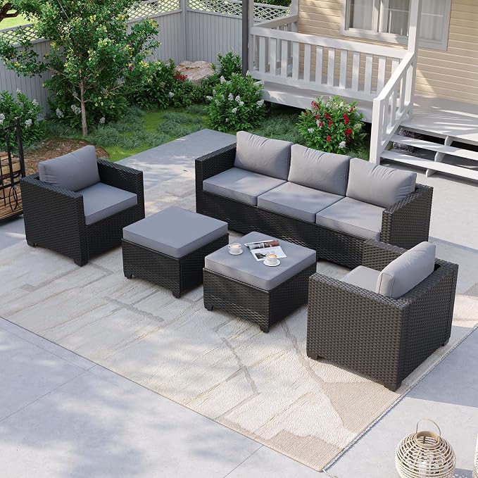 Aoxun Patio Furniture Set, 5 Piece Outdoor Sectional Sofa with Ottomans, Wicker Outdoor Furniture Conversation Sets with Waterproof Cover for Deck Backyard Grey