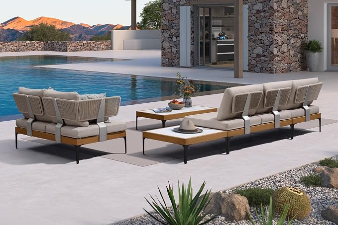 PURPLE LEAF 5 Pieces Patio Conversation Furniture Sets with with 9' X 12' Umbrella Loveseat Chairs Tables Modern Wicker Armrest Outdoor Aluminum Sectional Sofa Sets for Balcony Yard Garden Poolside