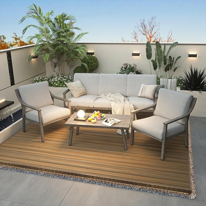 HAPPATIO 4-Piece Outdoor Patio Furniture Set for 5, Aluminum Outdoor Conversation Set Includes 1 Three-Seater Sofa, 2 Armchairs, and 1 Coffee Table, Perfect for Porch, Deck, Garden, (Grey)