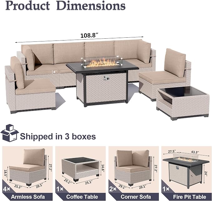 Patio Furniture Set, 8-Piece Outdoor Sectional Sofa with 60,000 BTU Fire Pit Table & 2-Layer Glass Coffee Table, Wicker Patio Conversation Set with Khaki Cushions