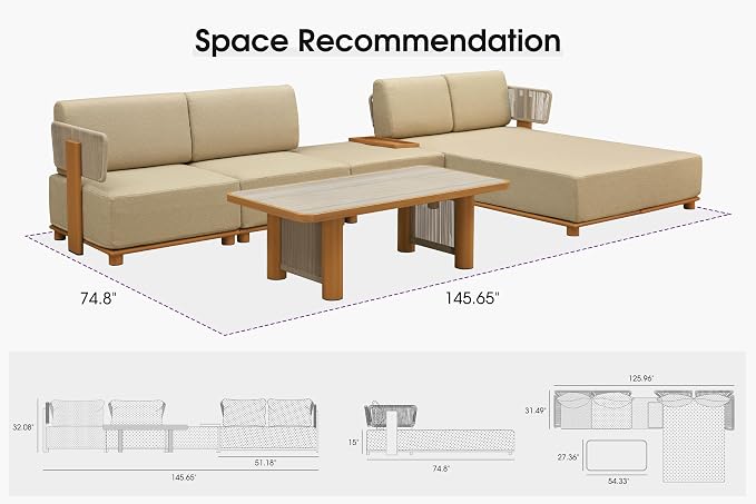 PURPLE LEAF Patio Furniture Set L-Shaped Outdoor Sectional Sofa with 11" Thick Cushion 5-Piece Outdoor Conversation Set w/Daybed & White Lights for Backyard Poolside Ottoman & Table Included, Beige