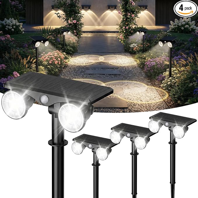 Solar Lights Outdoor Waterproof, Dual Heads Adjustable Solar Spot Lights Outdoor, 2-in-1 Motion Sensor Solar Powered Spotlight Landscape Lighting for Garden, Yard, Pathway- 4 Pack (Cool White)