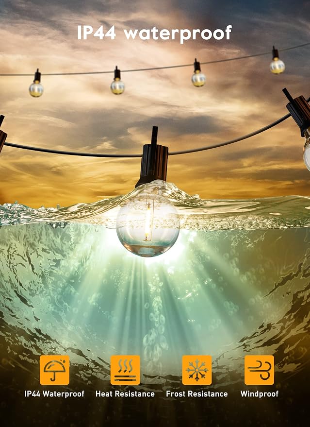 Brightown Outdoor String Lights with Remote, 2 Packs Each 38Ft 15 LED Patio Lights Outdoor Waterproof, String Lights for Outside, Dimmable Hanging Lights for Porch Balcony Bistro Cafe