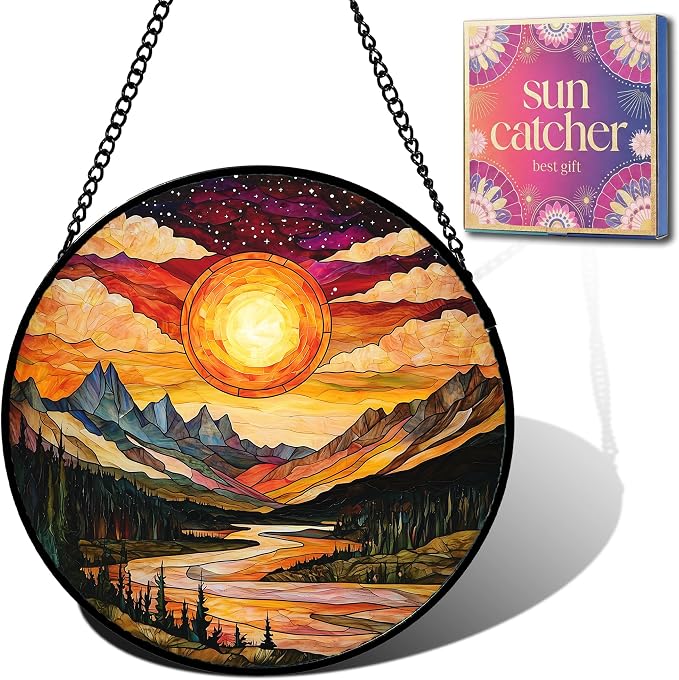 Birthday Gifts for Women - Sunset Mountains River Faux Stained Glass Window Hanging Sun Catcher for Door Garden Acrylic Decor Mother's Day Christmas for Mom Nana Men Grandma Wife 9.8"