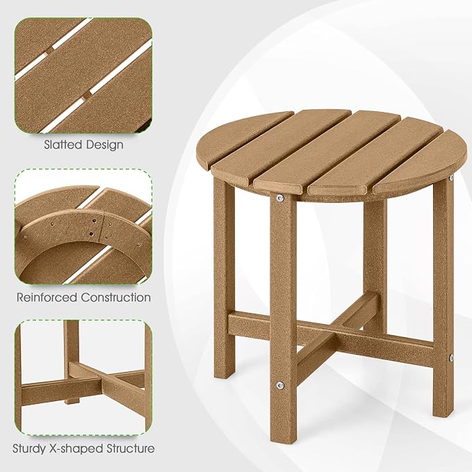 Tangkula Round Outdoor Side Table, 18 Inch Weather Resistant HDPE Adirondack Table, Outdoor Indoor Chairside End Tables, Patio Side Table for Lawn Garden Balcony Backyard, Easy Assembly (1, Brown)