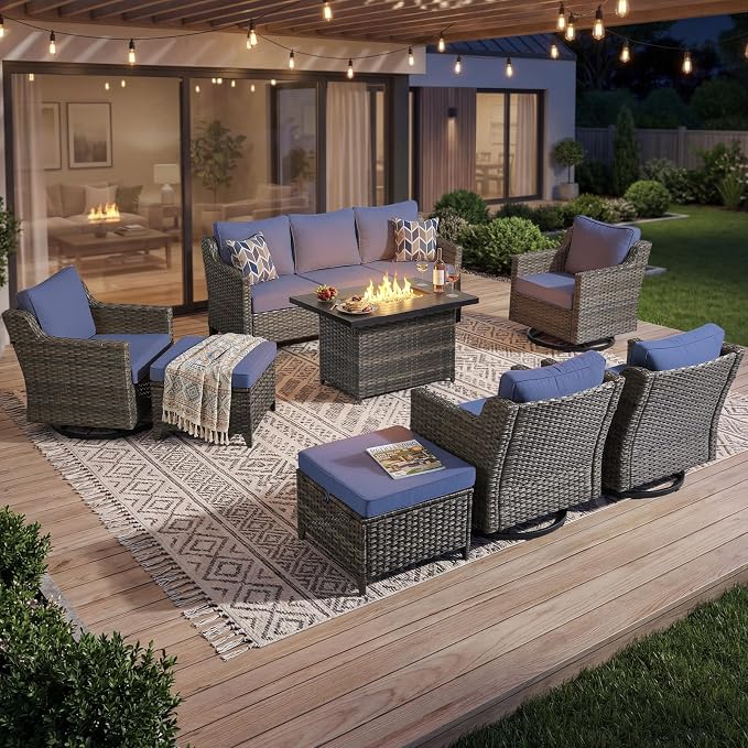Luxury Patio Furniture Sofa Set - 8 Pieces All Weather Wicker Outdoor Couch and High Back Swivel Rocker Patio Chairs with fire Pit for Deck Yard and Poolside Gray Wicker | Blue Cushions