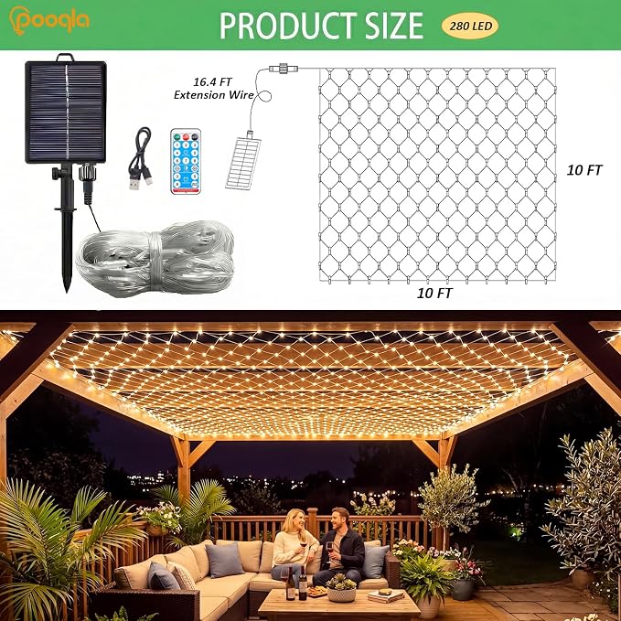 Solar Net Lights, 10x10ft 280LED Gazebo Net Lights Outdoor with 8 Modes, Solar & USB Powered Waterproof String Lights Clear Wire, Chandelier for Pergolas, Patio, Bush, Backyard Decor Warm White