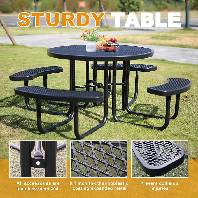 46In Round Metal Picnic Table, Commercial-Grade Heavy Duty Outdoor Furniture, Rust-Resistant Outside Table for Patio, Garden, Playground and Parks (Black)