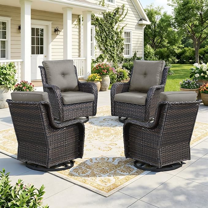 Wicker Patio Furniture Set- 4 Pieces Swivel Patio Chairs,PE Rattan Outdoor Rocking Chairs Porch Furniture for Garden Deck