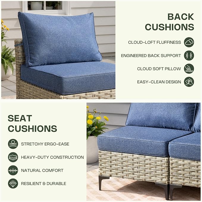 11 Piece Patio Furniture Set Outdoor Sectional with 54" Fire Pit Table, Swivel Rocking Chairs and L-Shaped Rattan Couch, Modular Conversation Set with Solar Coffee Table for Deck, Denim Blue