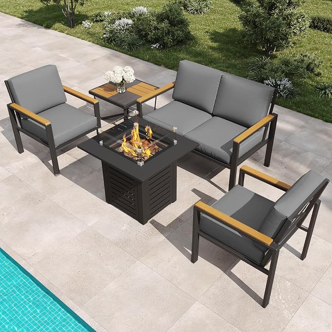 5-Piece Patio Furniture Set with 28” Propane Fire Pit Table, Heavy-Duty Metal Outdoor Conversation Set with Deep Cushions & Wood-Like Armrests for Patio, Porch, Backyard, Garden – Black