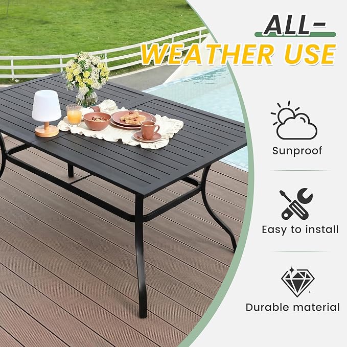 LVUYOYO Outdoor Patio Dining Table, Metal Rectangular Table with Umbrella Hole, All-Weather Furniture for Backyard, Garden,Balcony,Porch (Black)