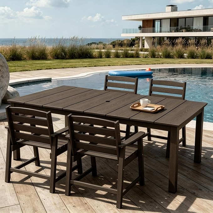 AreShark 5-Piece Outdoor Dining Set,HDPE Patio Table with 4 Armchairs,All-Weather Patio Furniture Set with Umbrella Hole,Low Maintenance Wood Grain Dining Set for Backyard,Garden,Poolside,Black