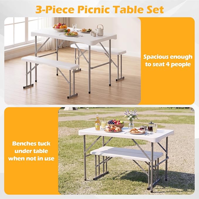 Giantex Folding Picnic Table Set w/ 2 Benches, 44" HDPE, White | Foldable Table & Chairs, All Weather Resistant, Space-Saving & Portable for Camping Party Dining BBQ, Large Weight Capacity