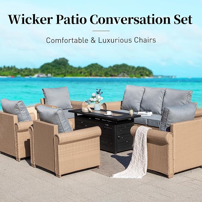 SUNSHINE VALLEY Patio Furniture Set 2 pcs, Wicker Rattan Outdoor Sofa Furniture with 5.5” Thick Cushions, 2 Chairs Outdoor Conversation Set for Garden Backyard Deck, Grey