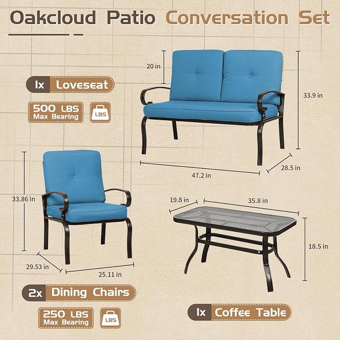 4Pcs Outdoor Furniture Metal Patio Conversation Sets, Loveseat, 2 Patio Dining Chairs with Coffee Table, Metal Frame Chair Set (Peacock Blue)