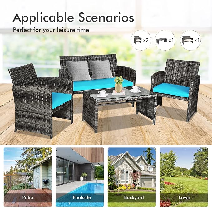 Outdoor Conversation Set, 4 Pieces Wicker Patio Furniture Set with Ergonomic Curved Design, Patio Chair Set with Water-resistant Cushion & Tempered Glass Table for Porch,Balcony(Turquoise)