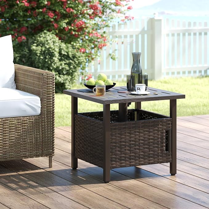 RELAX4LIFE Wicker Outdoor Side Table - Rattan Square Patio End Table with 1.93’’ Umbrella Hole, 2 Weighted Sand Bags & Rustproof Frame, Outside Umbrella Stand for Garden Deck Porch Poolside Backyard